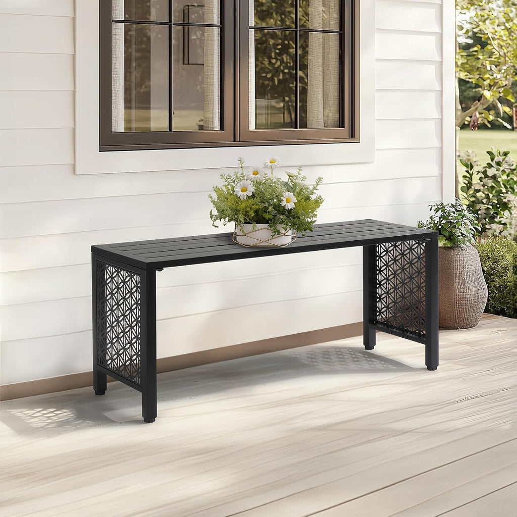 VINGLI 40in Outdoor Metal Bench, All-Weathe Backless Patio Bench with Slatted Seat＆Floral Side Panels, Rust-Resistant Garden Bench, Weatherproof Outdoor Seating for Porch Entryway Backyard (Black)