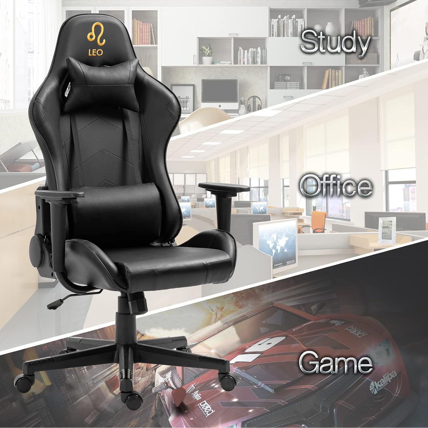 Modern-Depo Leo Gaming Chair with Zodiac Star Sign, Ergonomic Design, Adjustable Swivel, and Lumbar Support, Black