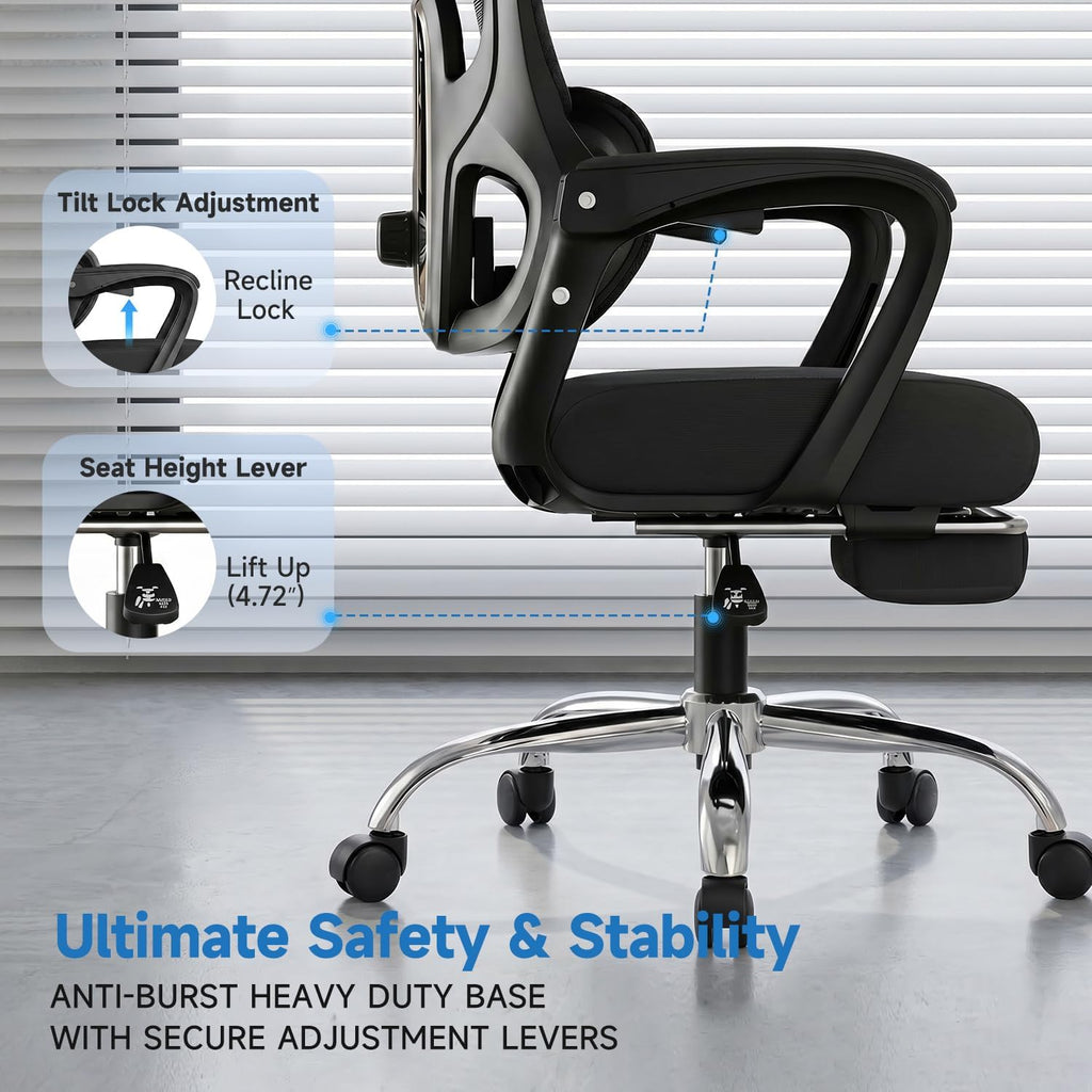Ergonomic Office Chair with Footrest, 90-145° Reclining Gaming Chair with Adjustable Lumbar Support & Headrest, High Back Mesh Computer Chair for Home Office, 350lbs Capacity