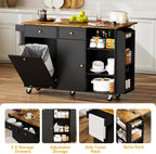 50.4" Kitchen Island with Storage,Rolling Kitchen Table with Power Outlet, Kitchen Island Cart with Folding Drop Leaf, Trash Storage Cabinet, Spice Rack, Towel Rack and Drawer-Black