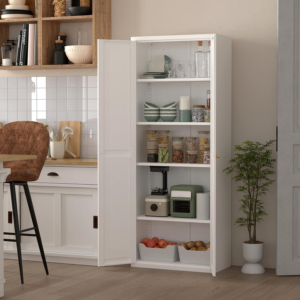 Pantry Storage Cabinet, Metal Pantry Cabinet with Adjustable Shelves,Cupboard,Tall Storage Cabinets for Kitchen, Living Room, Dining Room and Office, White