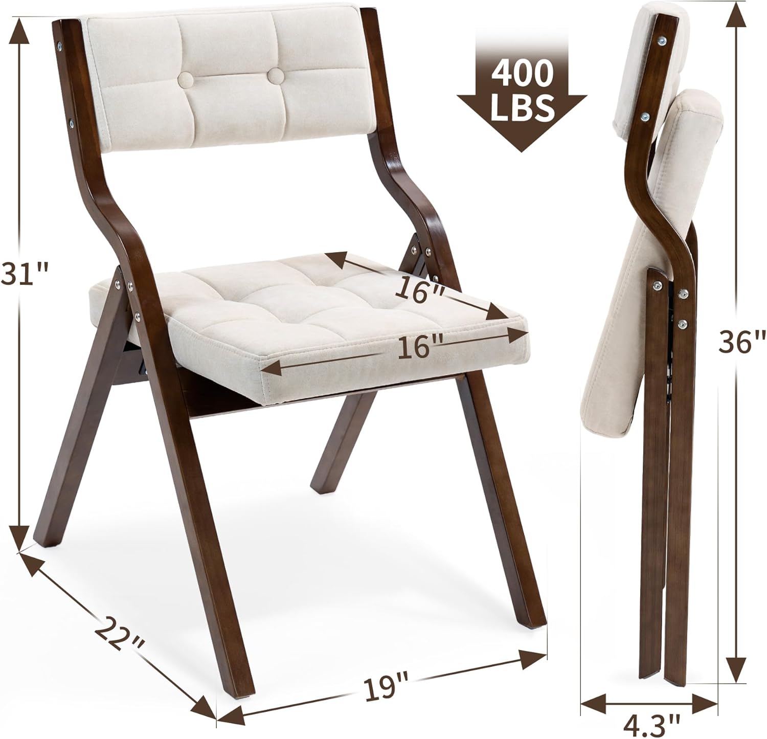 HOMEFUN Folding Chairs with Cushion, Wooden Padded Foldable Chair 2 Pack, Portable and Assembled Seat for Guests Kitchen Office Wedding and Party, Camel