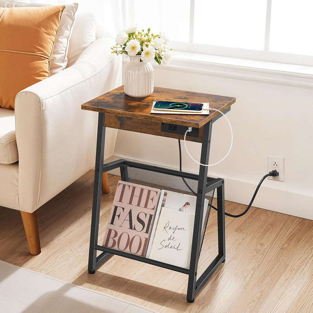 HOOBRO Side Table with Charging Station, Small End Table with Magazine Storage Rack, Industrial Nightstand for Small Spaces, Living Room, Bedroom, Dorm, Office, Rustic Brown and Black BF001UBZ01