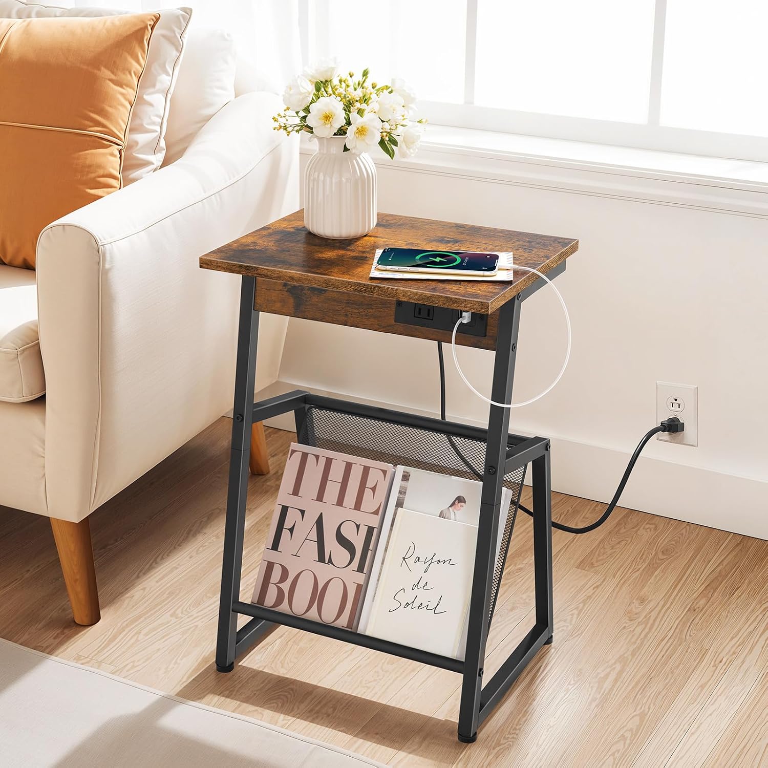 HOOBRO Side Table with Charging Station, Small End Table with Magazine Storage Rack, Industrial Nightstand for Small Spaces, Living Room, Bedroom, Dorm, Office, Rustic Brown and Black BF001UBZ01