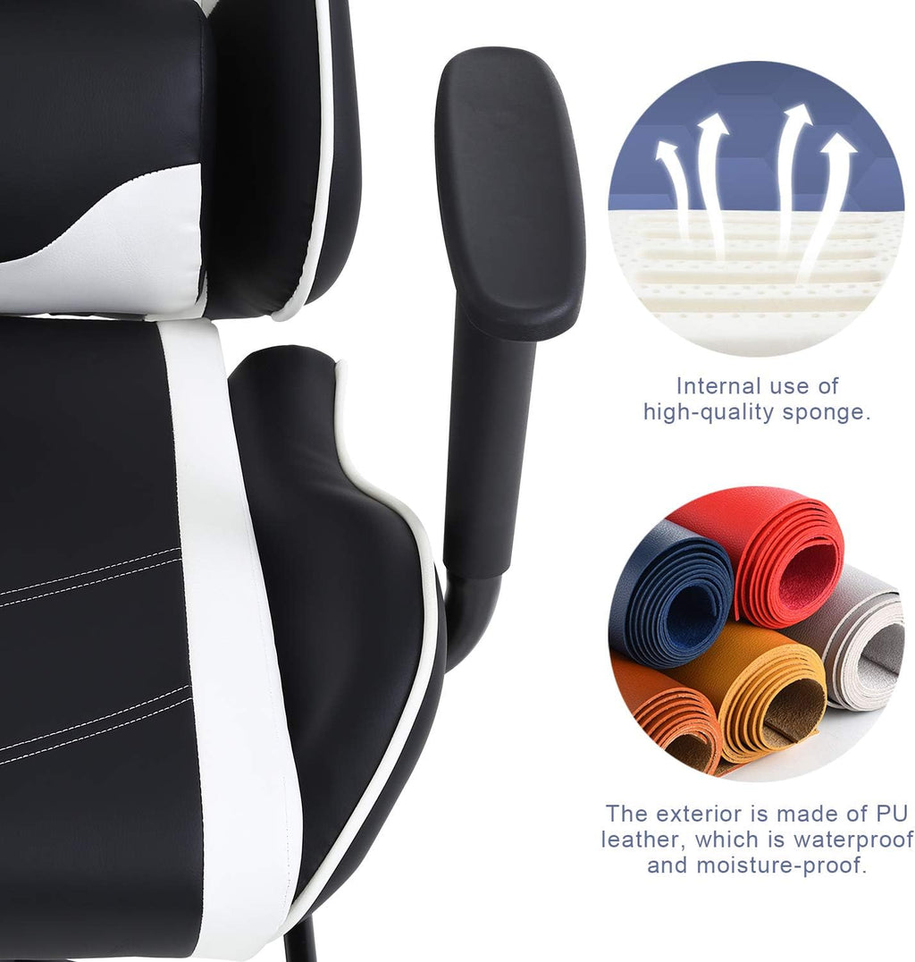 HCY High Back Gaming Chair Ergonomic Racing Style Gaming Chair with Footrest, Headrest and Lumbar Support Height Adjustable PU Leather Office Chair for Adults, White