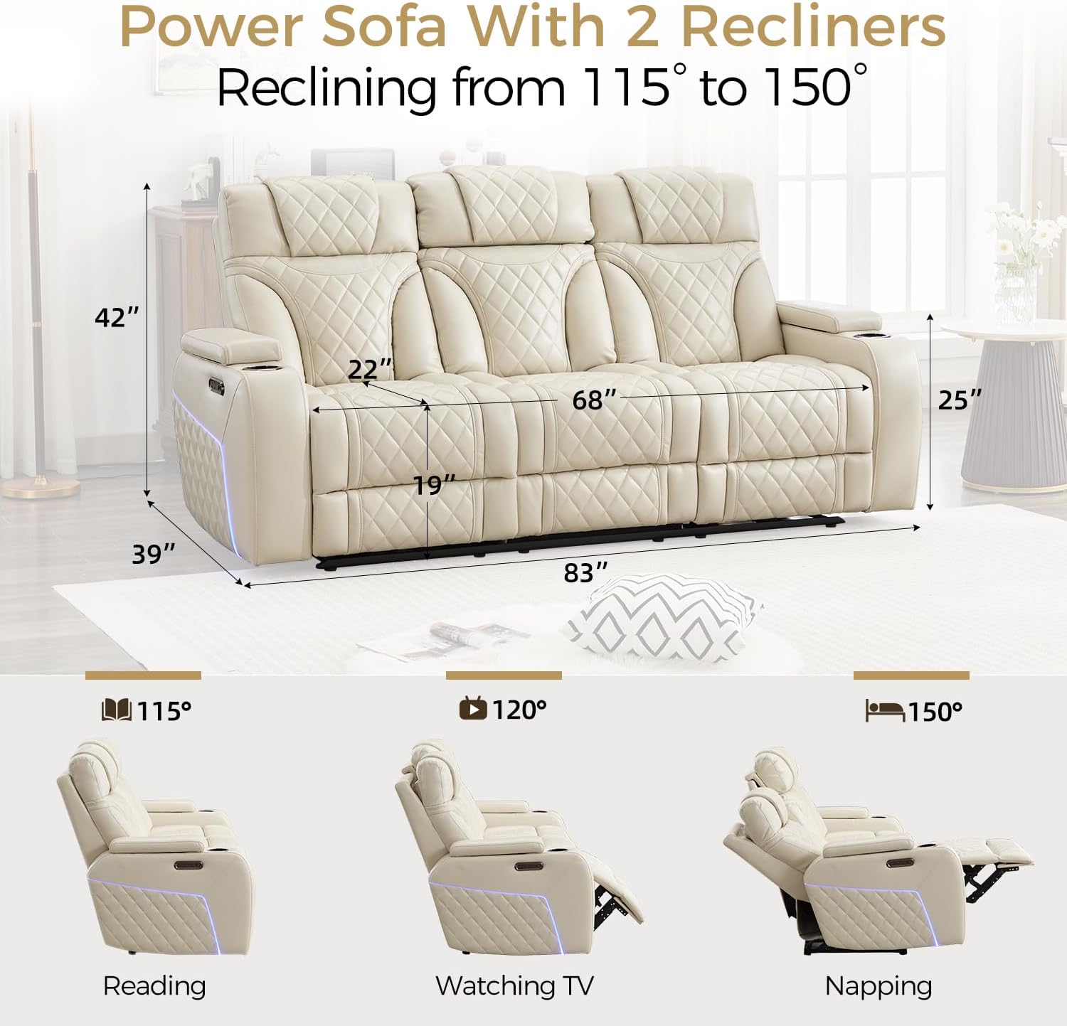 Power Recliner Sofa with Adjustable Headrest, Wireless Charger for Living Room, Electric Reclining Couch with LED Lights, Faux Leather 3 Seaters with Recliner,Home Theater Seating w/ LED Lights,Beige