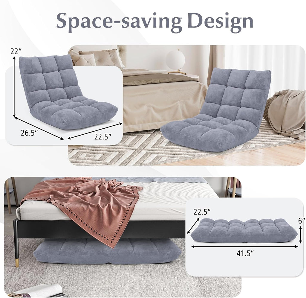 14-Position Floor Sofa, Folding Gaming Sofa Chair, Comfy Cushions & Study Steel Frame, Angle Adjustable Sleeper Bed, Couch Recliner (Grey)