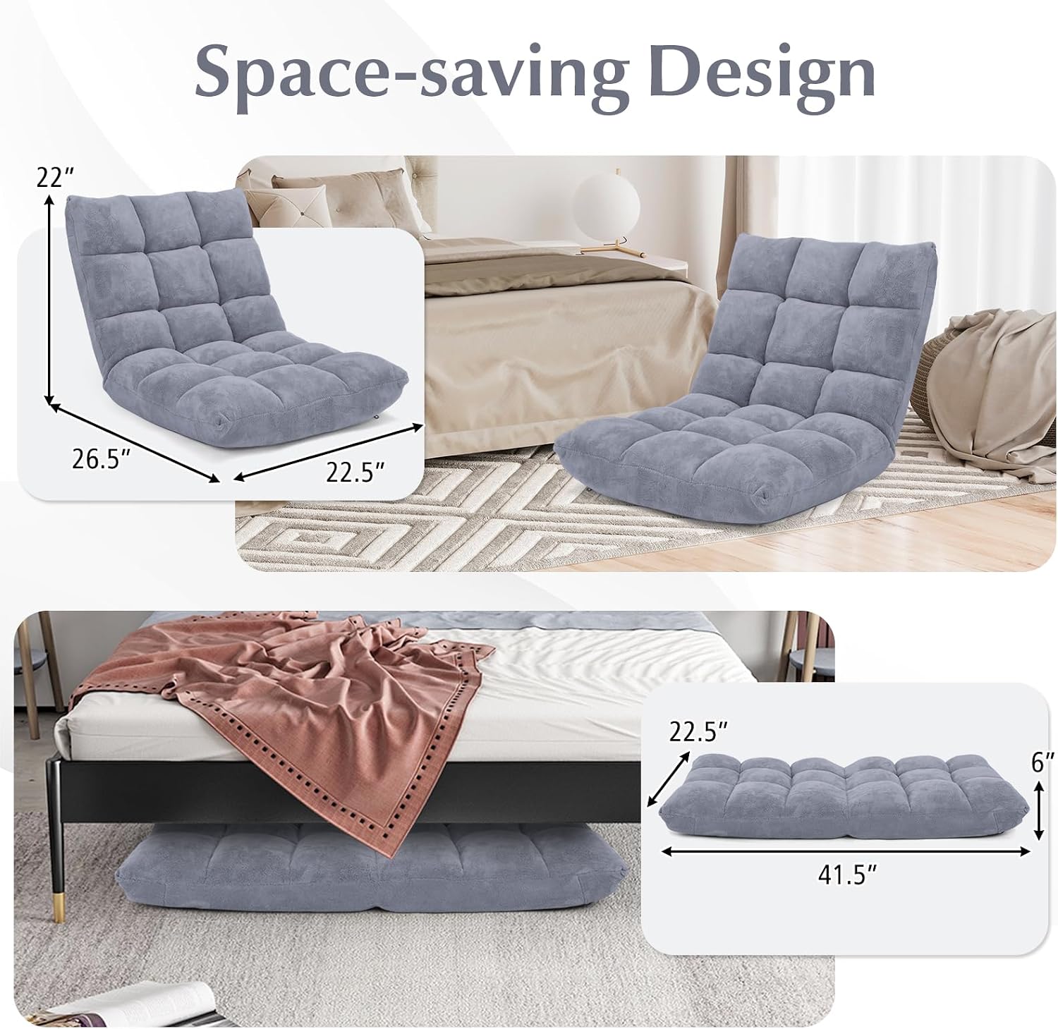 14-Position Floor Sofa, Folding Gaming Sofa Chair, Comfy Cushions & Study Steel Frame, Angle Adjustable Sleeper Bed, Couch Recliner (Grey)