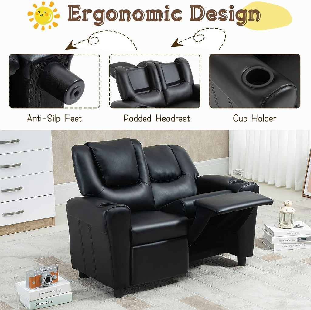 AVAWING Kids Recliner Chair, Double PU Leather Kids Loveseat w/Cup Holder, Lounge Sofa Chair w/Adjustable Footrest & Headrest for Boys Girls 3+ Age Group, Black