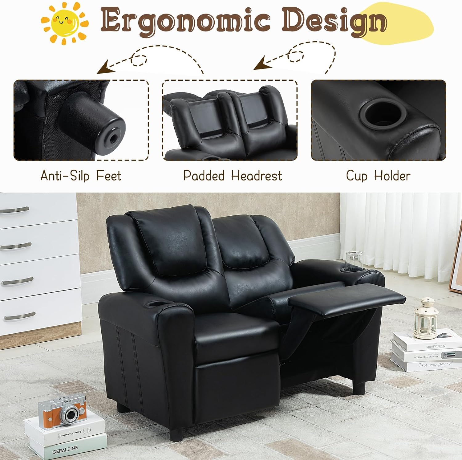 AVAWING Kids Recliner Chair, Double PU Leather Kids Loveseat w/Cup Holder, Lounge Sofa Chair w/Adjustable Footrest & Headrest for Boys Girls 3+ Age Group, Black