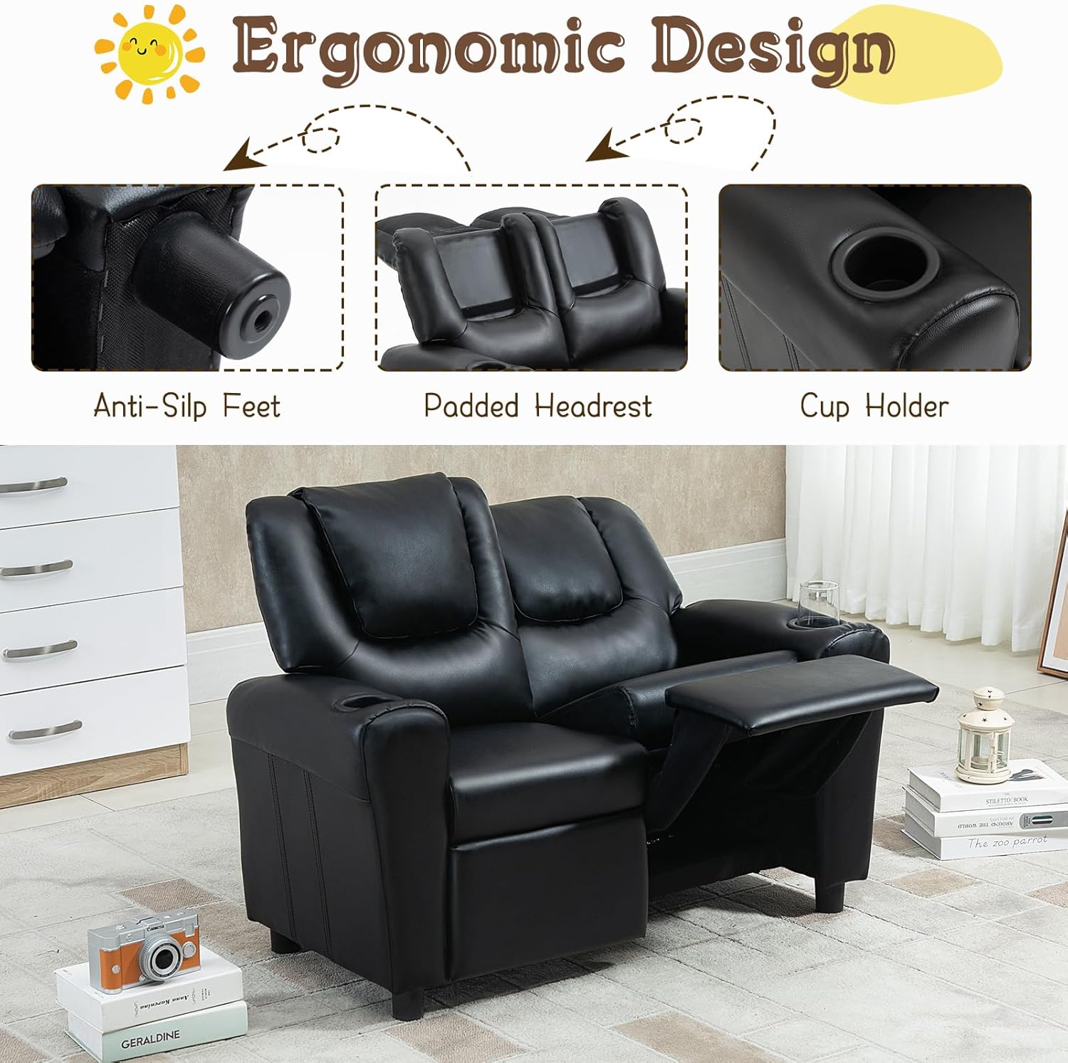 AVAWING Toddler Recliner, Double Kids Couch with Cup Holder, PU Leather Kids Sofa, Kids Loveseat w/Adjustable Footrest & Headrest for Boys and Girls 3+ Age Group, Classic Black