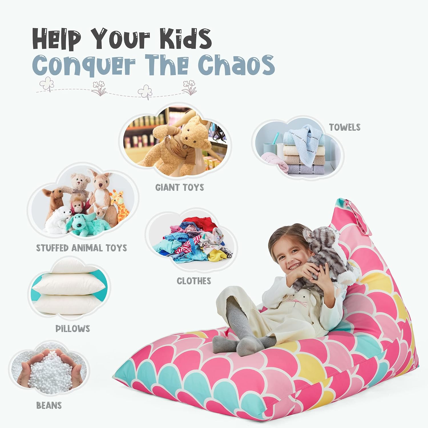 Stuffed Animal Storage Bean Bag Chair Cover for Kids Teens (No Filler) 250L Washable Large Beanbag Cover for Kids' Room Organizing Plush Toys or Home Living Room Textile,Mermaid