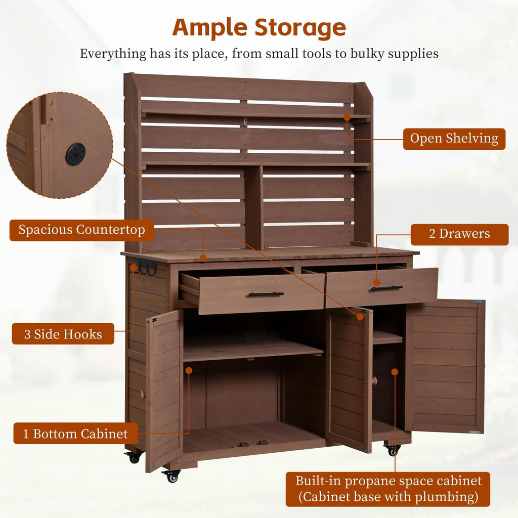 Large Garden Potting Bench with Storage Cabinet and Hutch Top