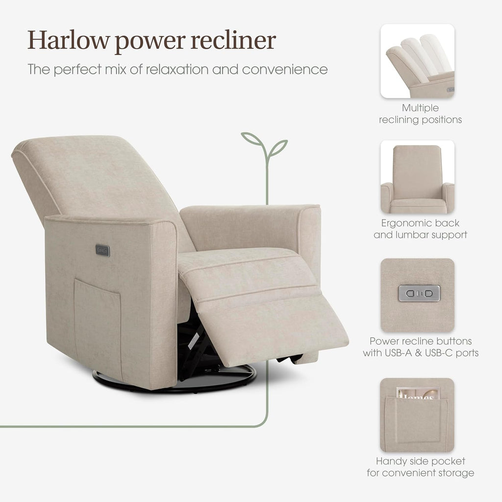 Evolur Harlow Upholstered Power Glider Recliner with USB Charging – Rocking & 275° Swivel with Smooth Glide – Greenguard Gold & FSC Certified – Modern Nursery and Living Room Chair in Tan