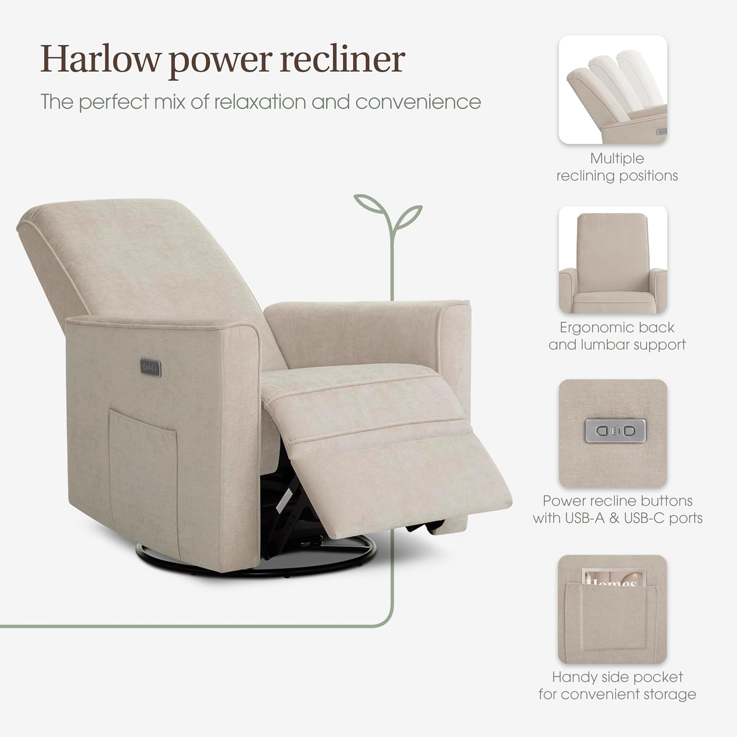 Evolur Harlow Upholstered Power Glider Recliner with USB Charging – Rocking & 275° Swivel with Smooth Glide – Greenguard Gold & FSC Certified – Modern Nursery and Living Room Chair in Tan