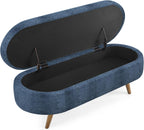 Oval Storage Ottoman Bench, Linen Upholstered Hidden Storage Footstool, Multi-Functional End of Bed Bench for Entryway Living Room Bedroom, Modern Home Decor Furniture (Dark Blue)