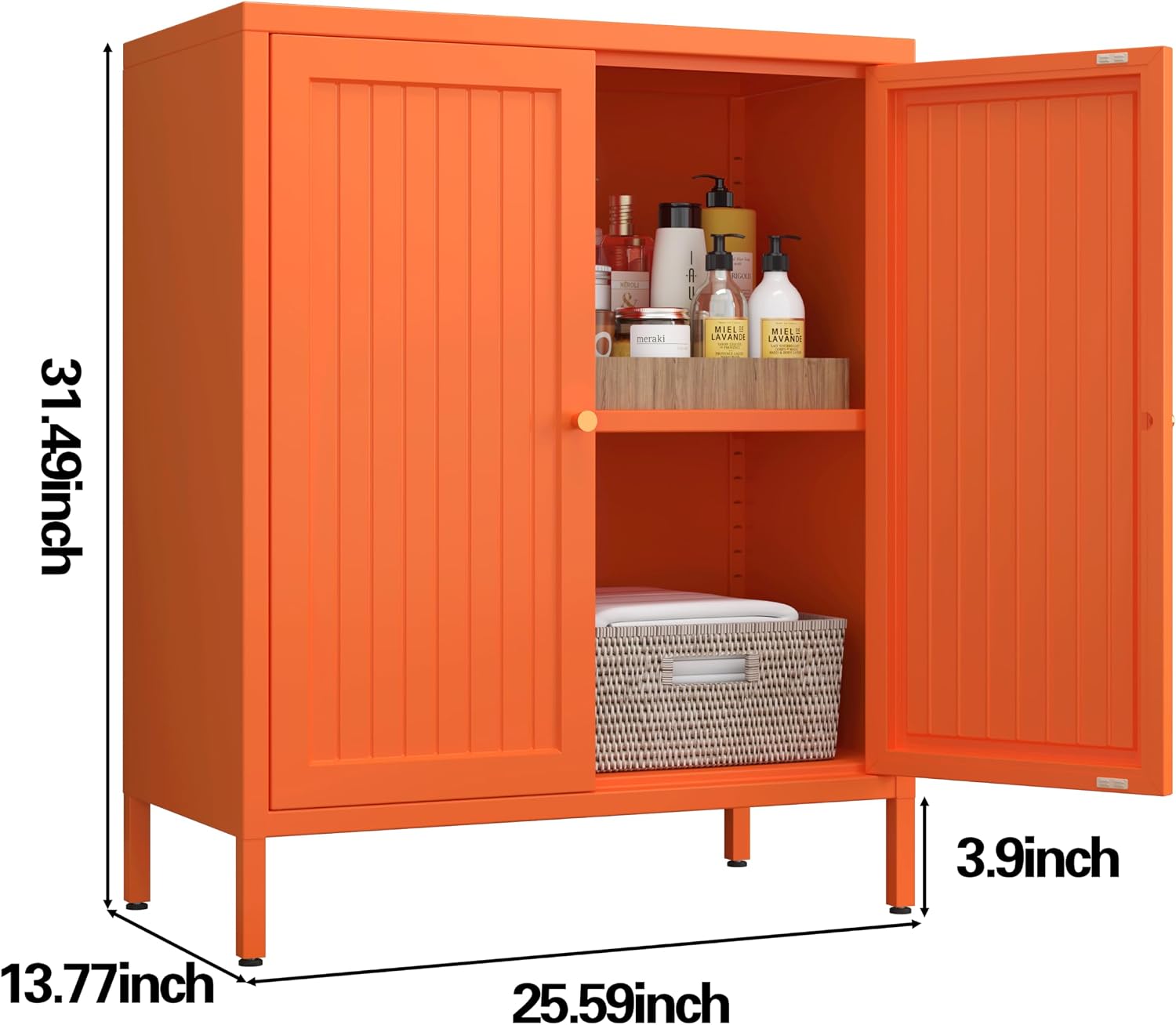 Metal Accent Storage Cabinet for Home,LivingRoom, Office,Kitchen- Metal Locker Cabinet with 1 Adjustable Shelves-Bathroom Floor Storage Cabinet Freestanding Organizer (Stripe Door, Orange)