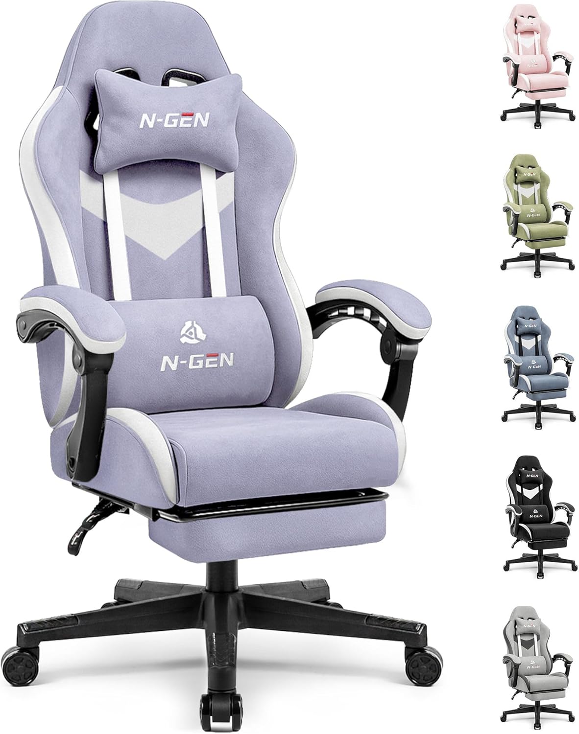 N-GEN GAMING Gaming Chair Video Game Computer Office Desk Use Ergonomic Reclining Backrest Adjustable Armrests Lumbar Support Footrest High Density Foam Breathable Fabric Heavy Duty Base (Purple)
