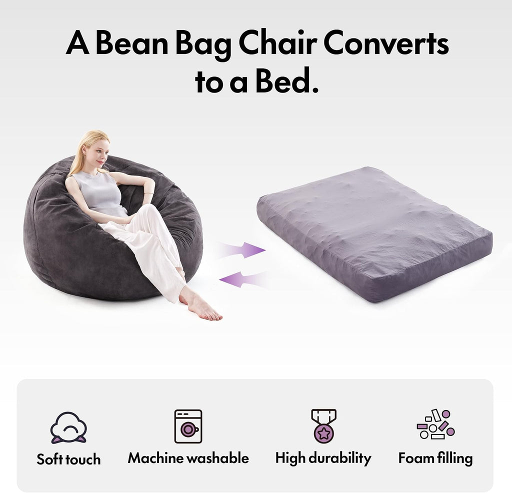 Giant Bean Bag Chair Bed for Adults, Convertible Beanbag Chairs to Floor Mattress, Large Bean Bag Lazy Chair with High-Density Foam Filling, Bean Bag Couch Sofa Bed Machine Washable, Dark Grey