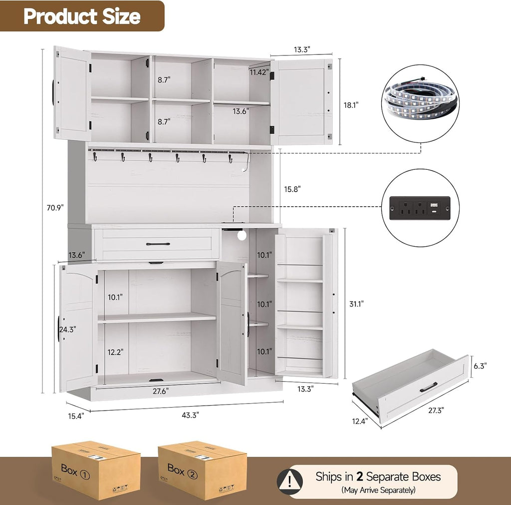 ONBRILL 71" Pantry Cabinet, Kitchen Pantry Storage Cabinet with LED Light & Outlet, Kitchen Hutch with Microwave Shelf & 6 Hooks, Door Shelves & Drawer & Adjustable Shelves, for Dining Room