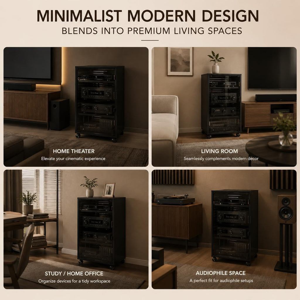 rolling Media Storage Cabinet with Tempered Glass Door, audio rack cabinet with Cable Management, Efficient Heat Dissipation, Studio home audio cabinet for Living Room/Gaming Setup/Home (3-tier)