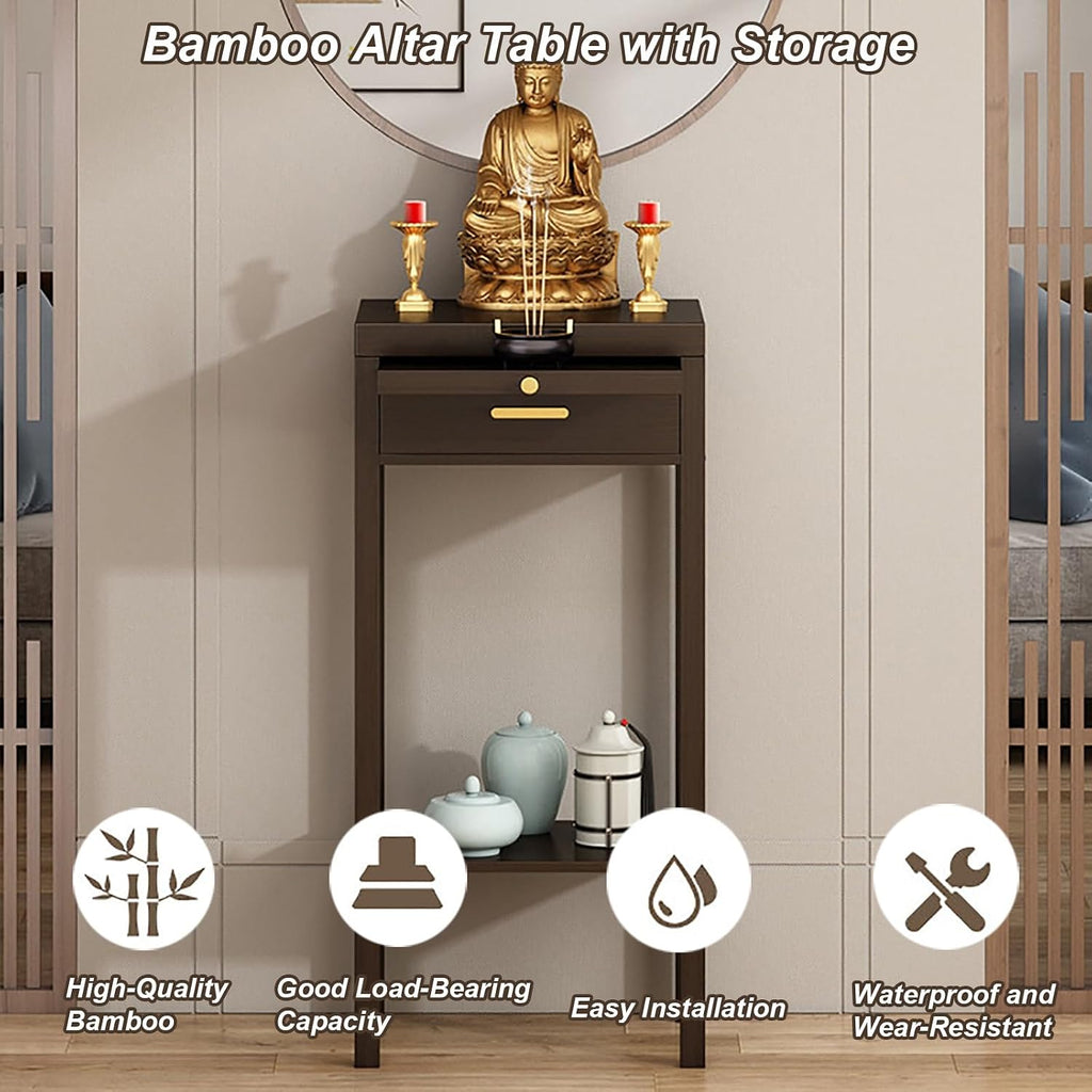 Meditation Buddhist Altar Table, Entry Console Table with Storage, Bamboo Pooja Mandir, Chinese Altar Pooja Table for Incense and Pray(30x30x101cm/12x12x40in)