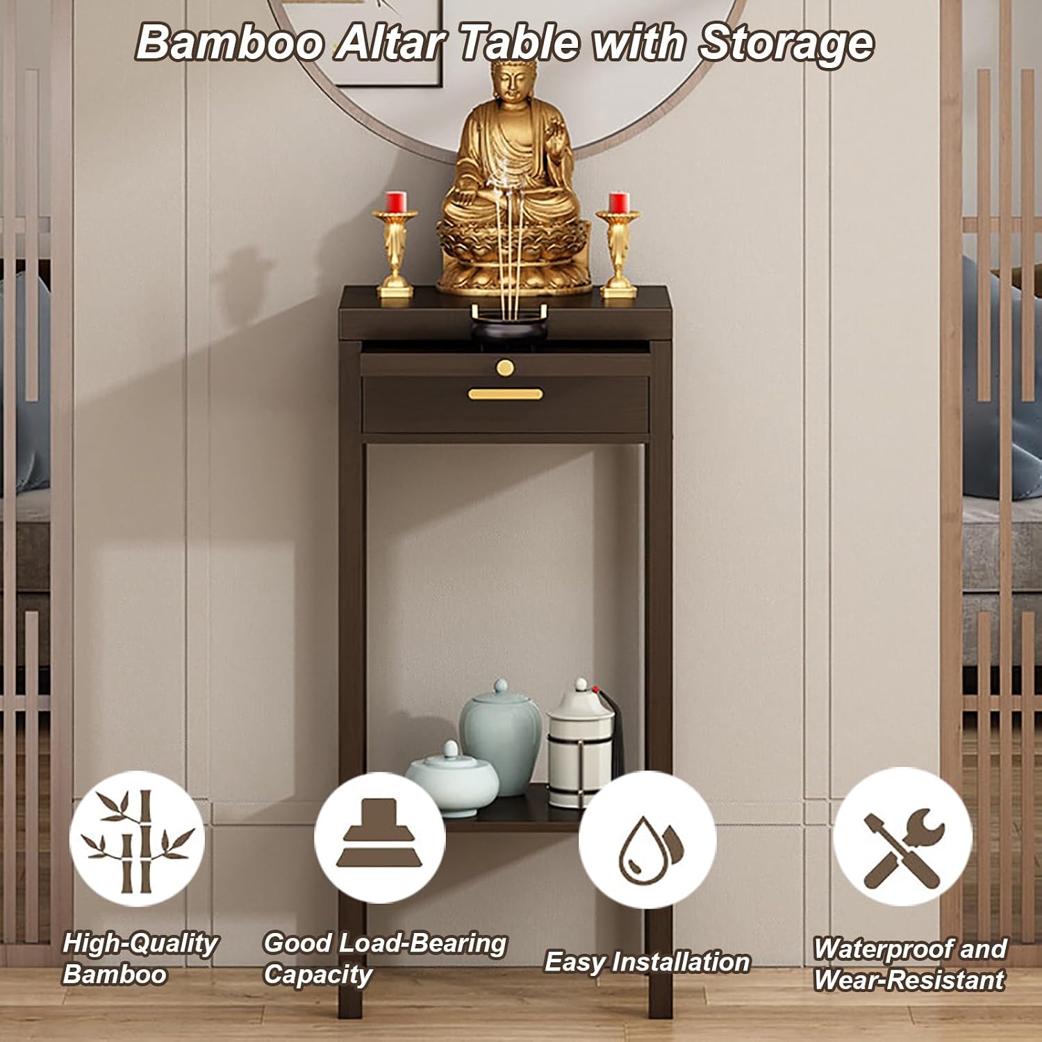 Meditation Buddhist Altar Table, Entry Console Table with Storage, Bamboo Pooja Mandir, Chinese Altar Pooja Table for Incense and Pray(30x30x101cm/12x12x40in)