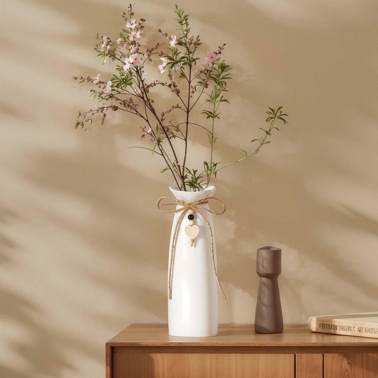 8 Inch Ceramic Vase with Jute Rope & Heart Charm, Elegant White Decorative Vase for Home Décor & Table Centerpieces