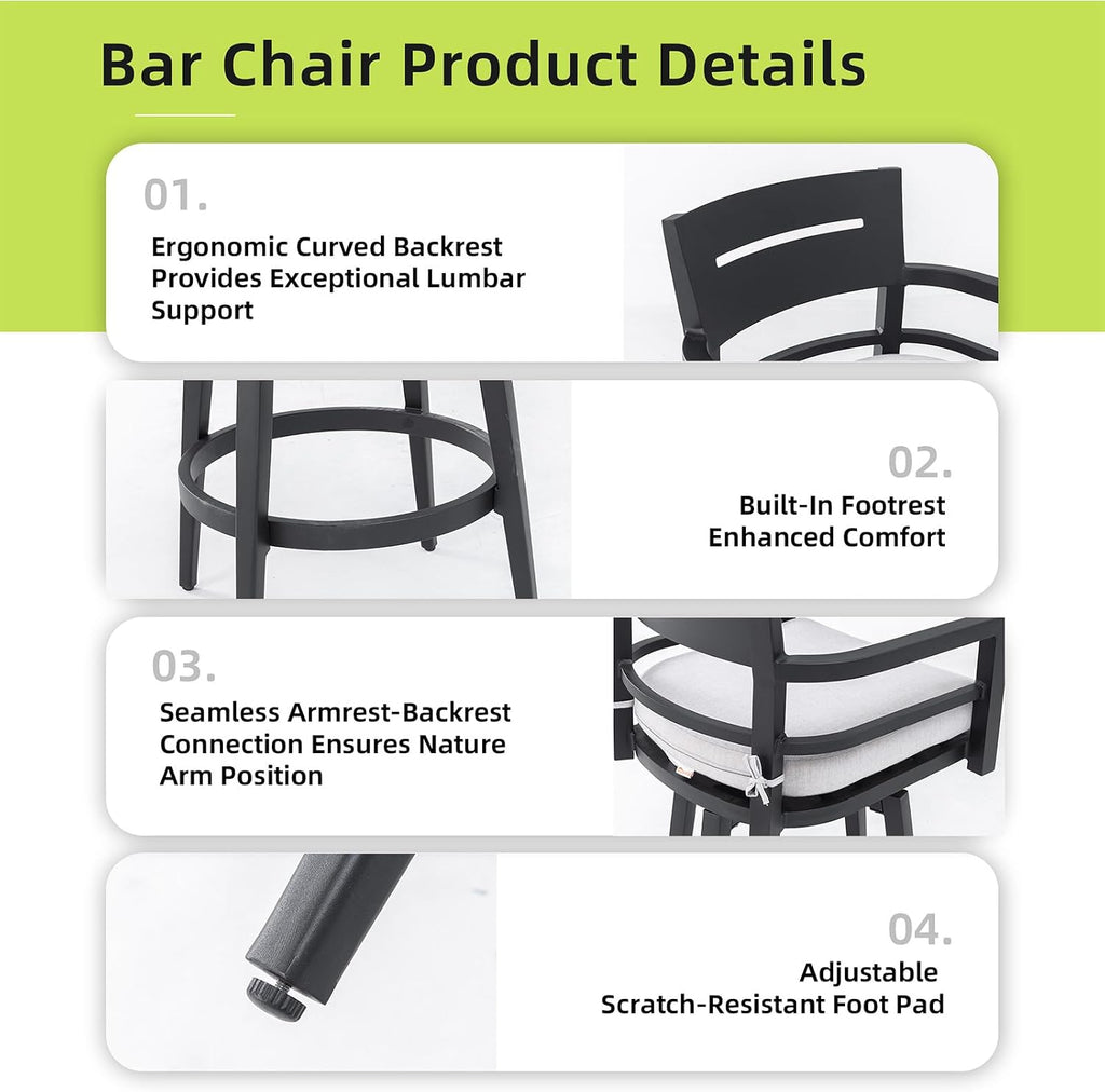 Modern Outdoor Bar Stools Set of 2 Swivel Patio Bar Chairs with 360° Rotation and Cushion with Sunbrella Fabric Weather-Resistant Aluminum Frame Patio Bar Stool for Deck Garden