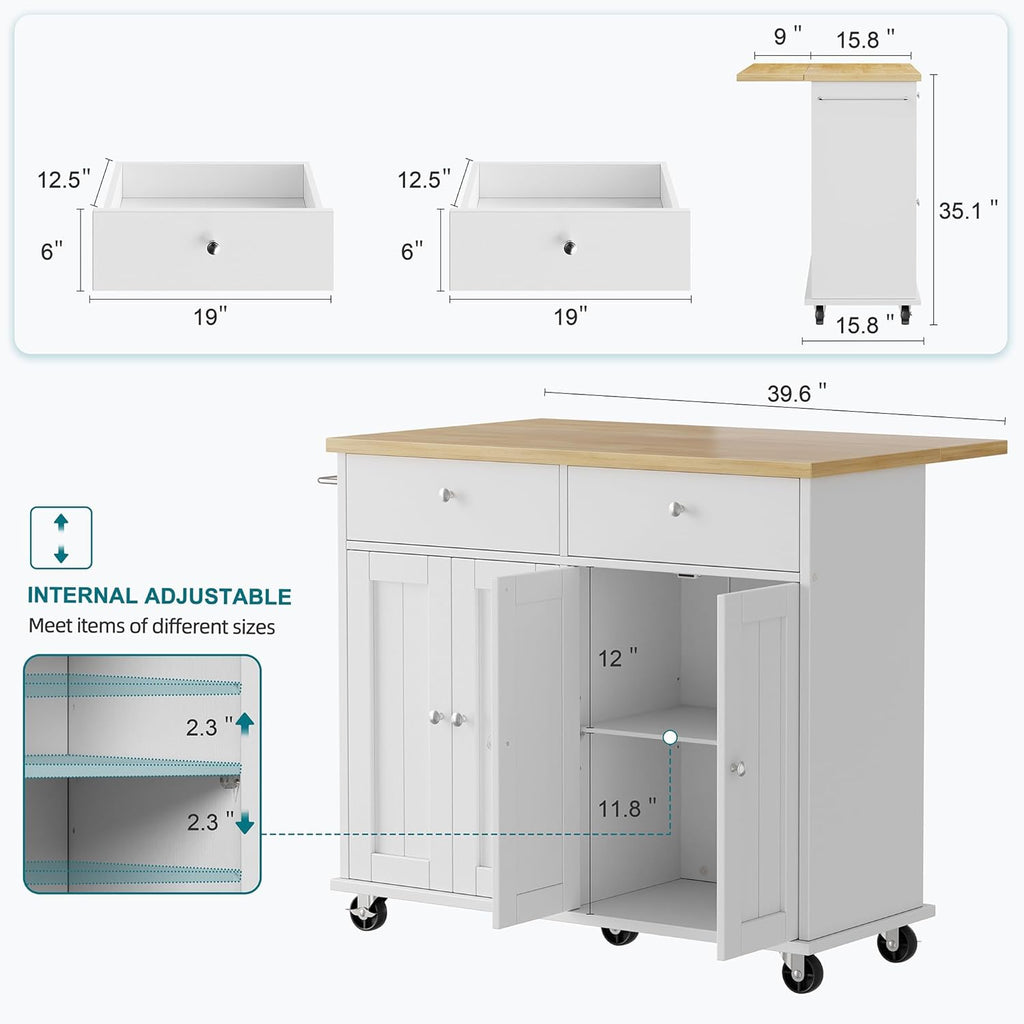 Shintenchi Kitchen Island with Drop Leaf, Rolling Kitchen Cart with Storage on Wheels, Table Bar Cart for Kitchen with Towel Rack & Seating Area for Dining Room, White