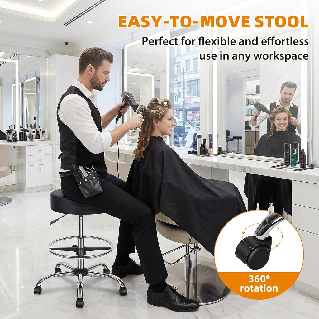 Height Adjustable Drafting Stool with Backrest, Tall Office Faux Leather Chair with Footrest Ring, Heavy Duty Rolling Swivel Stool 250lbs Capacity for Standing Desk, Salon, Bar, Studio Black