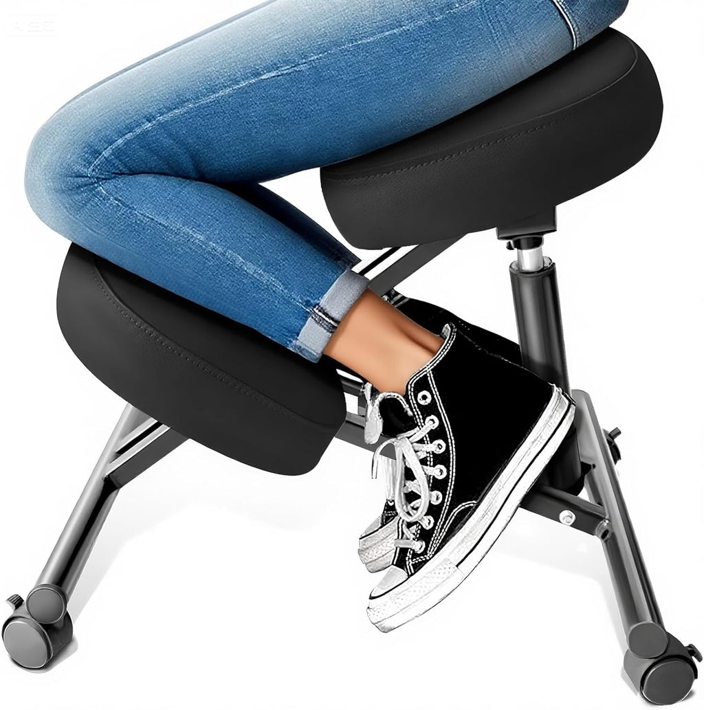 PU Leather Ergonomic Kneeling Chair, Adjustable Home and Office Stool with Thick Pads and Flexible Lockable Brake Wheels for Back Pain Relief (Dark Black)