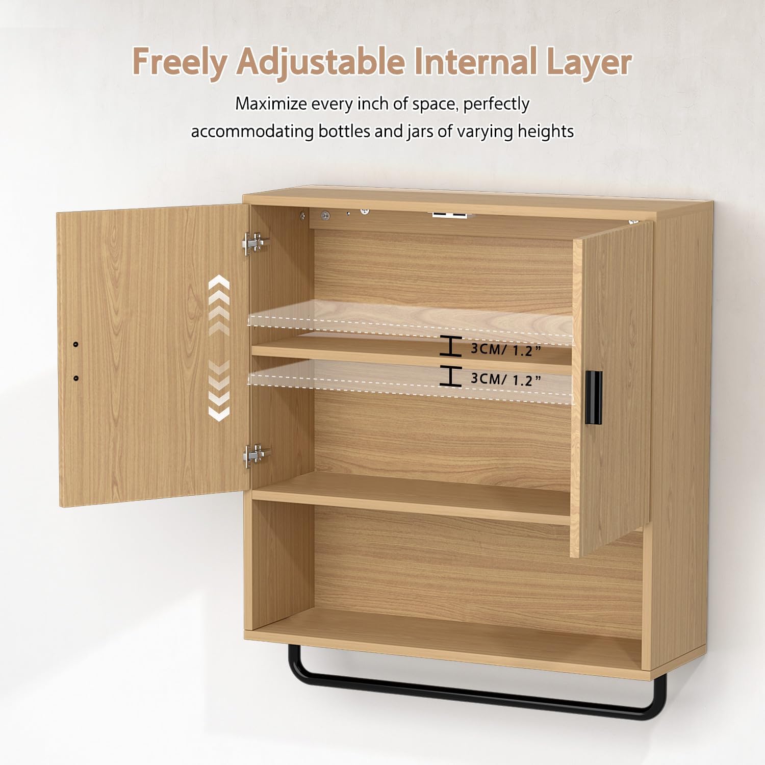 Bathroom Cabinet Wall Mounted: Over The Toilet Storage Cabinet with Adjustable Shelf & Towels Bar - 3-Tier Wood Medicine Cabines Large Space