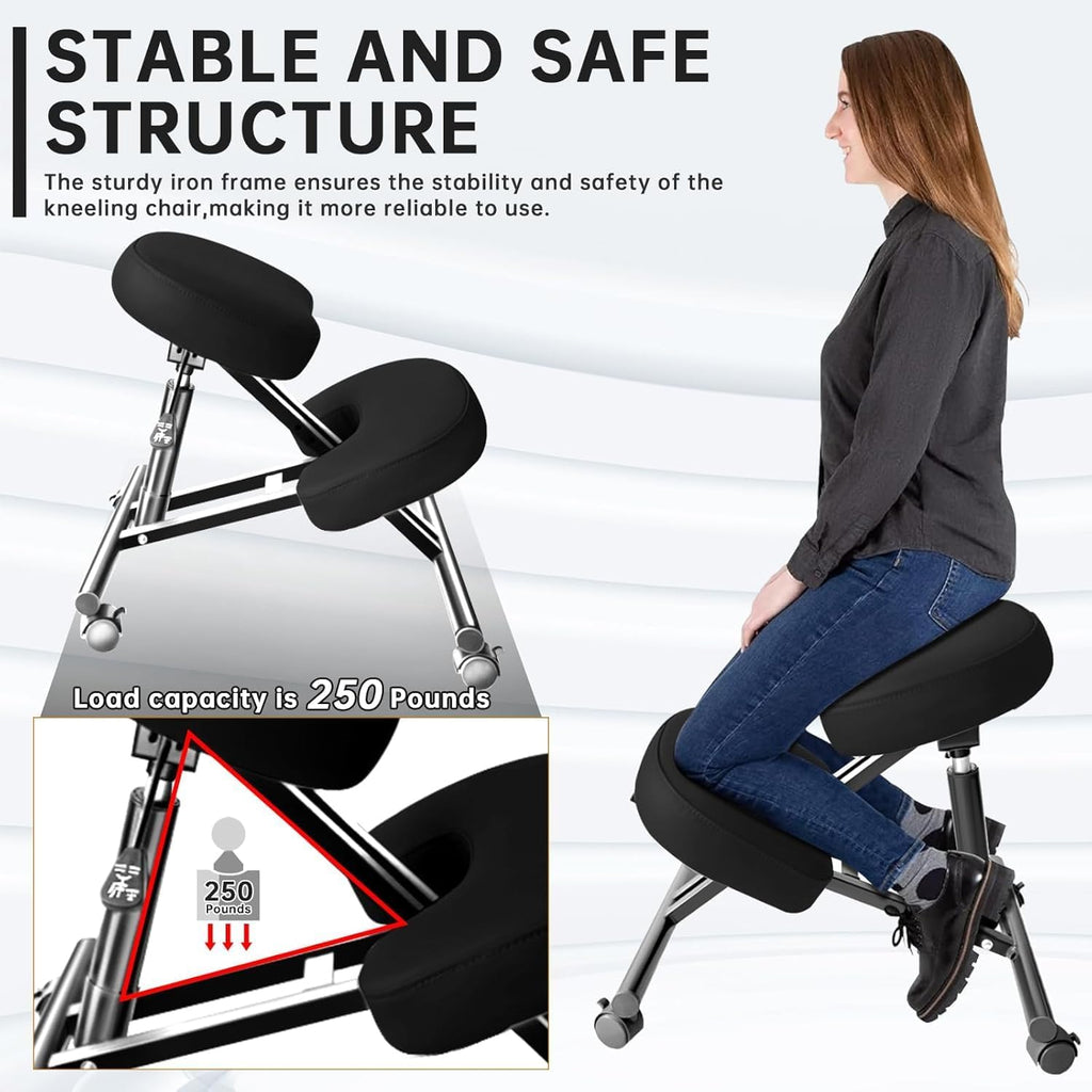 PU Leather Ergonomic Kneeling Chair, Adjustable Home and Office Stool with Thick Pads and Flexible Lockable Brake Wheels for Back Pain Relief (Dark Black)