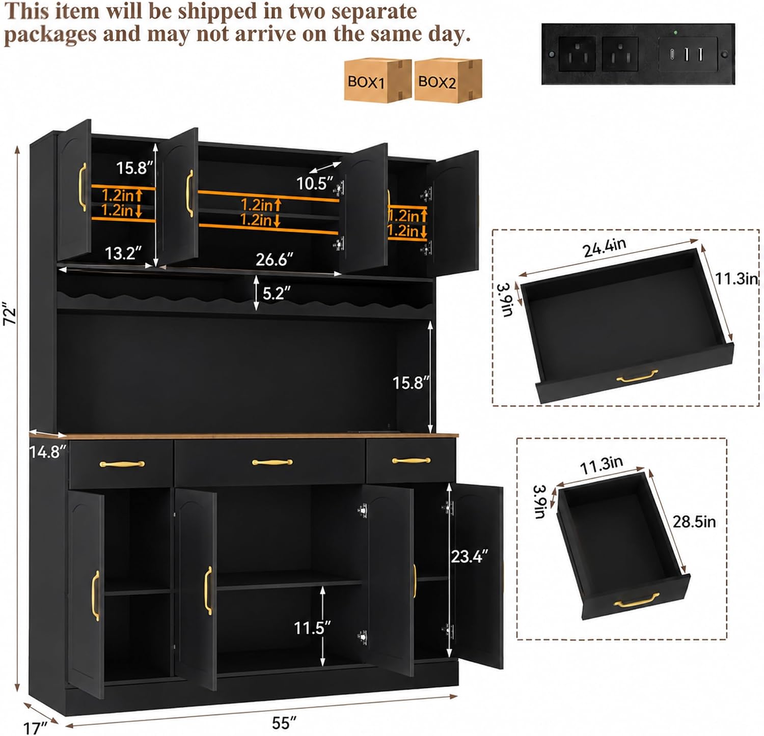 Black 72" Tall Kitchen Pantry Cabinet with Charging Station 55" Wide Hutch Cabinet with LED Light and Countertop Large Kitchen Cabinet with Adjustable Shelves and Wine Rack