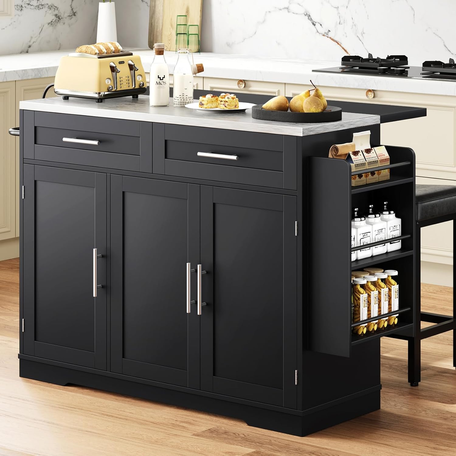 Concho 56'' Rolling Kitchen Island with Seating and Stainless Steel Countertop, Mobile Kitchen Carts with Folding Drop Leaf, 2 Bar Stools, Power Outlet, Spice/Towel Rack, Zest Black