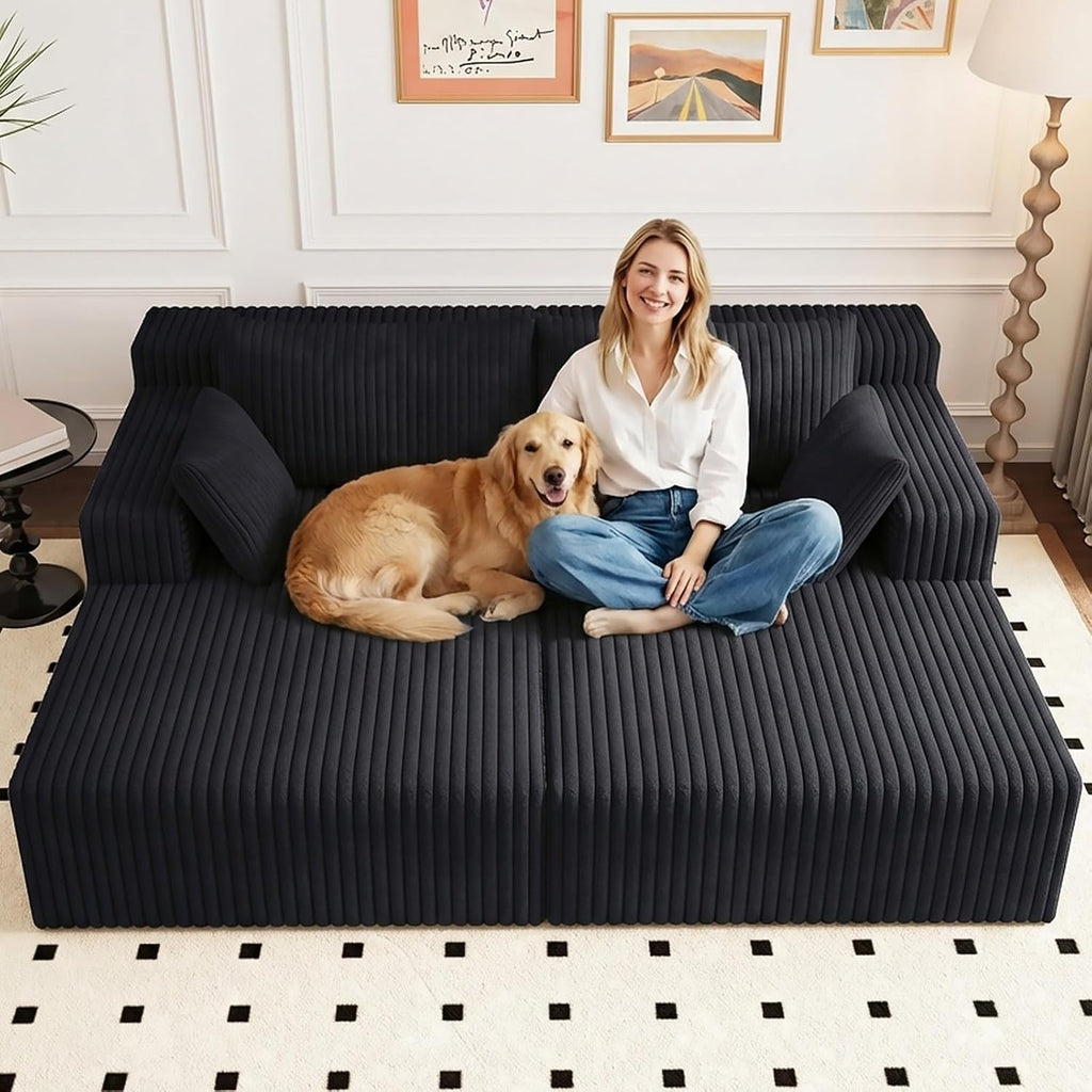 71" Oversized Double Chaise Lounges Indoor, Upholstered Corduroy Oversized Chaise Lounge Chair, Modern Sleeper Loveseat Chair Boneless Cloud Couch for Living Room Bedroom Reading (Black)