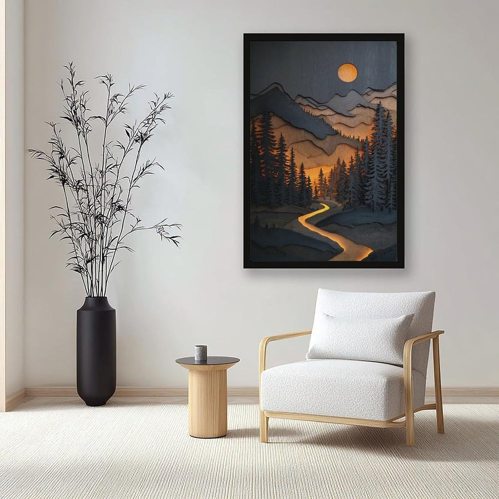 WANXU Sparkling River And Full Moon Layered Mountain Landscape Wall Print, Rustic Forest Scene for Country House Decor Or Themed Interiors Canvas Poster Bedroom Decor Sports Landscape Office Room Deco