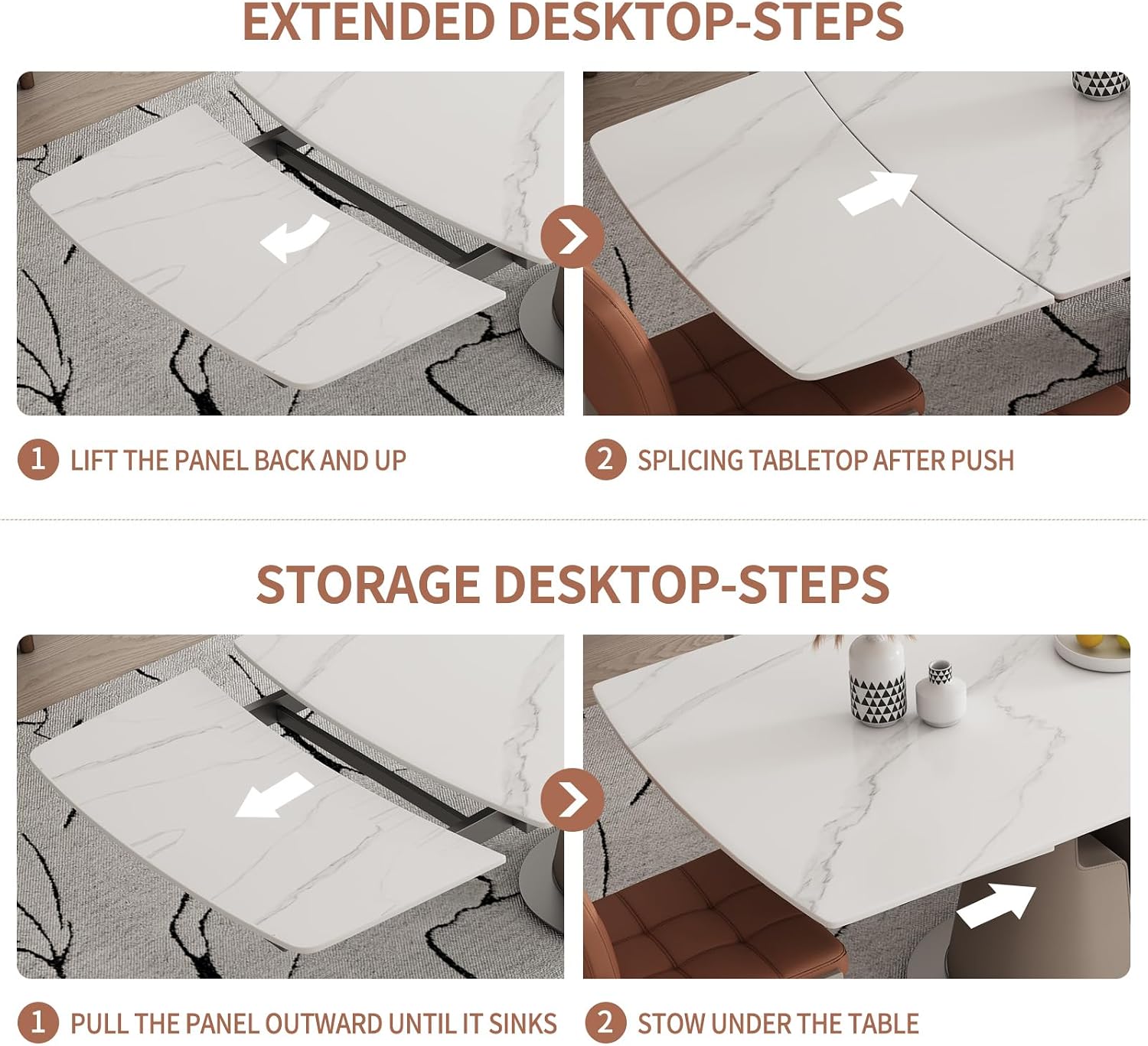 90" Extendable Dining Table – Sintered Stone Top, White, Seats 8-10, Telescopic Leaves, Leather Base, Modern Desig（Table Only
