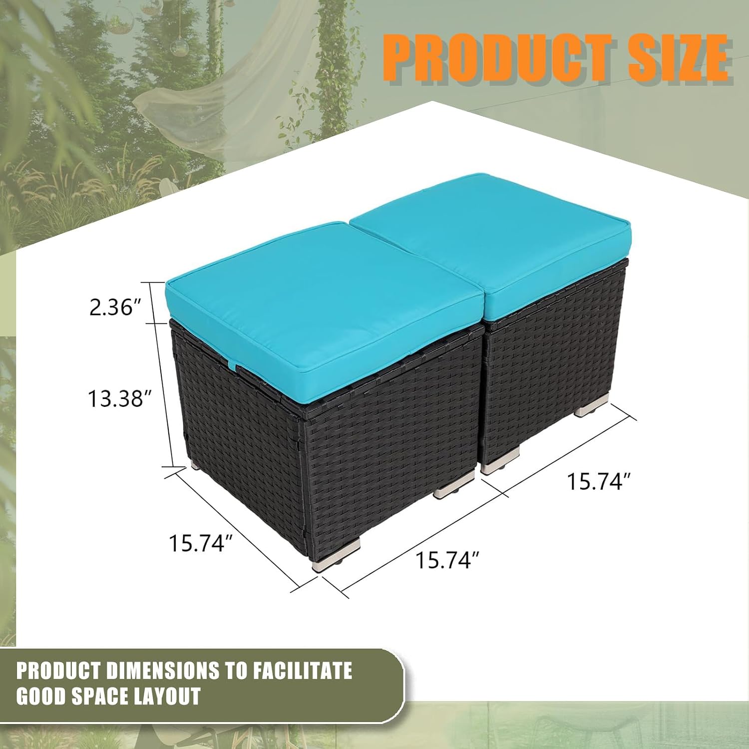 Wicker Outdoor Patio Ottoman - 2 Pack Outdoor Ottomans for Patio, Side Table with Storage, Removable Cushions Square Foot Rest Seating for Patio, Porch, Deck (Black-Blue)
