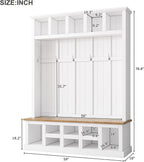 Farmhouse Wood Hall Tree with Bench and Shoe Storage, 5-in-1 Coat Rack with 6 Hooks for Entrance, Hallway White