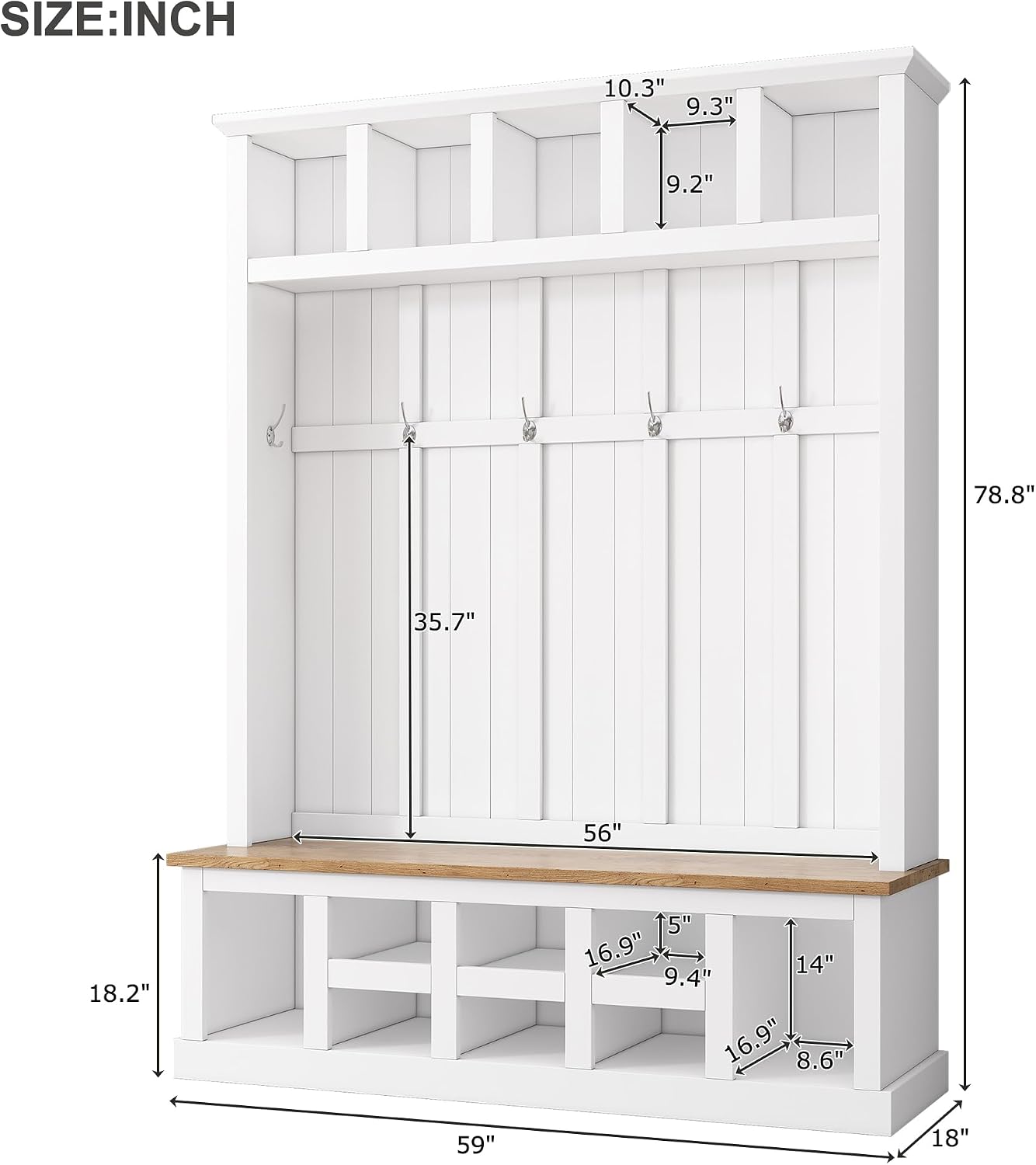 Farmhouse Wood Hall Tree with Bench and Shoe Storage, 5-in-1 Coat Rack with 6 Hooks for Entrance, Hallway White