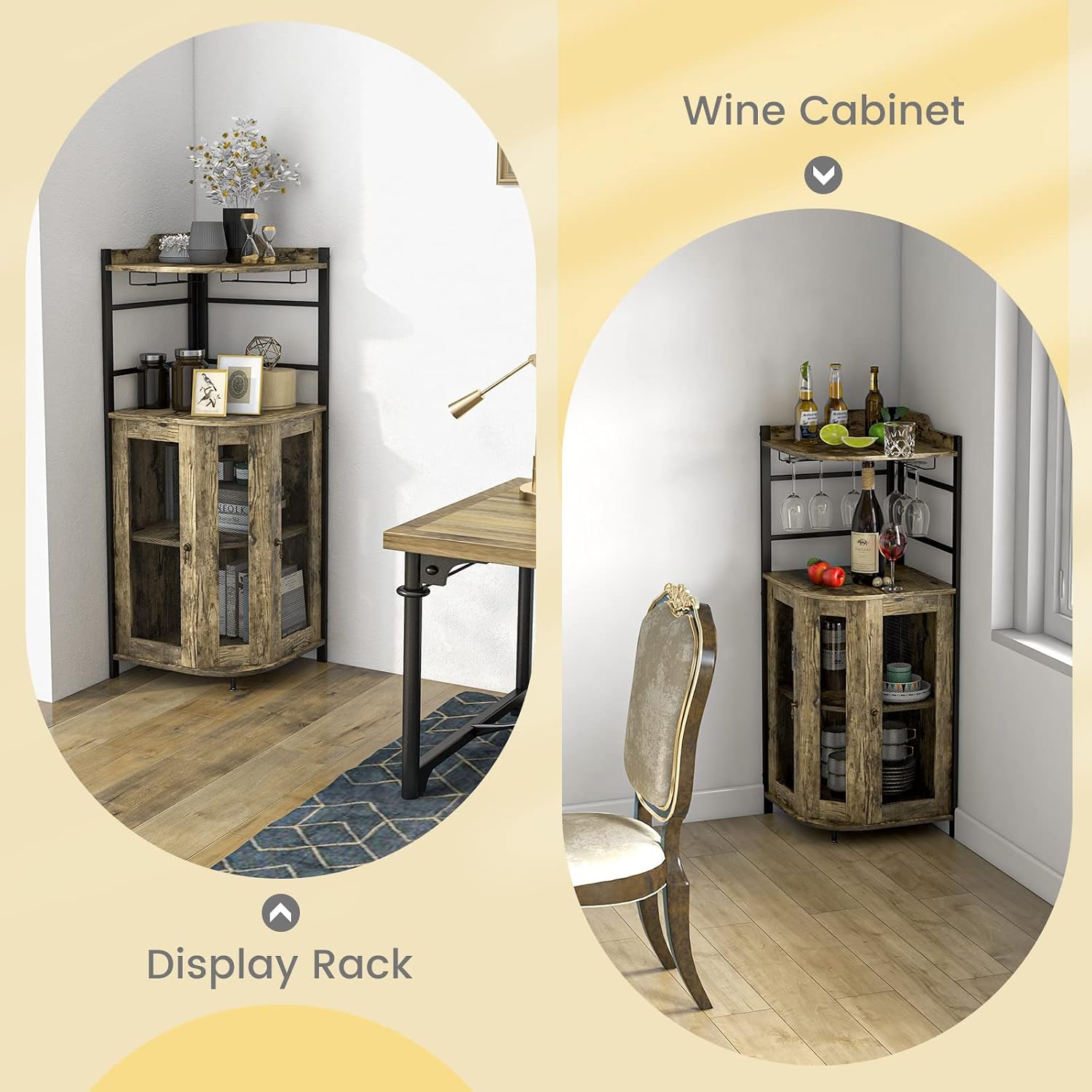 Giantex Corner Bar Cabinet with Glass Holder, Industrial Wine Cabinet with Metal Mesh Doors & Adjustable Shelf, Buffet Cabinet with Anti-tip Kit for Home Kitchen Dining Room Bistro
