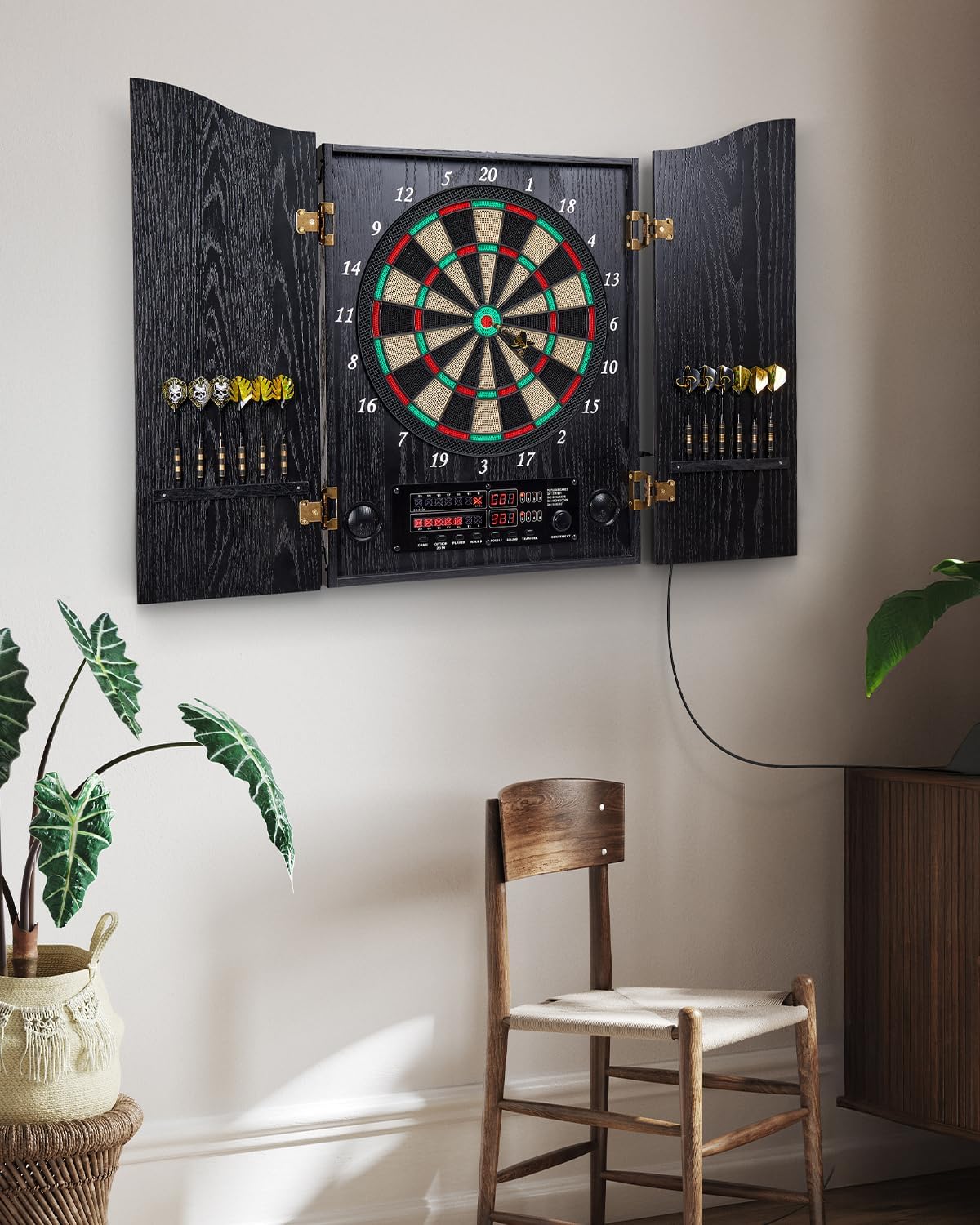 Electronic Dart Board, Decorative Dart Board Cabinet Set for Adults [12*Bronze Soft Tip Darts] [Cricket Game Mode]- Wooden Electric Dartboard Cabinet