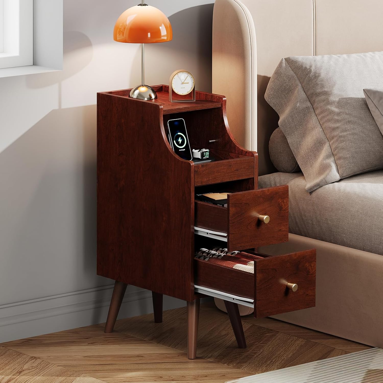 WLIVE Narrow Nightstand with Drawers, Narrow Bedside Tables with Open Shelf & Cable Hole, Small Nightstand for Bedroom, Modern Storage Side Table for Small Spaces/Living Room, Cherry