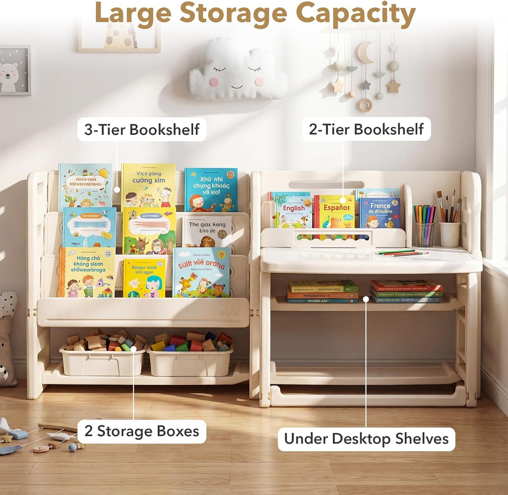 Costzon Toddler Table and Chair Set, Art Desk Set w/Side Bookshelves, Storage Boxes, Whiteboard & Tiltable Desktop, Kids Table and Chair for Writing, Painting, Reading