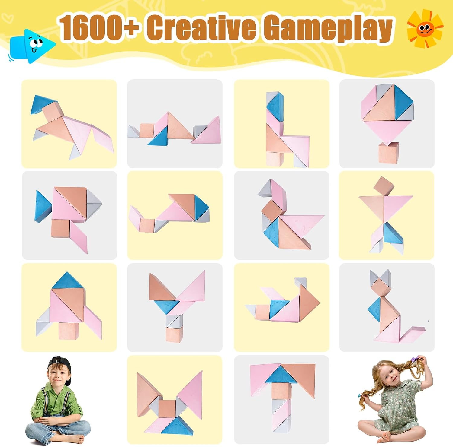Tangram Puzzles Modular Kids Play Couch Building Fort, Children Explorer Sofa with Ball Pit, Kids playroom Convertible Furniture for Inspiring Child Creativity, Made Entirely of Sponge (Pink Series)
