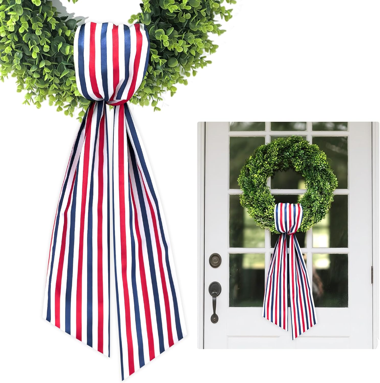 Wreath Sash for Front Door Boxwood Wreath Sash Accessories for Indoor Outdoor Decor, 5.1'' x 59''(Red White and Blue Stripe)