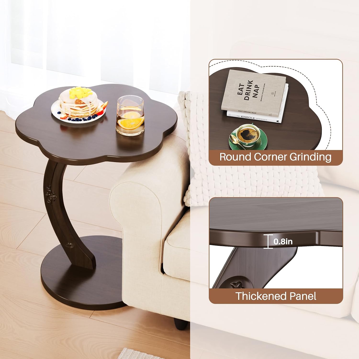 Uniclinens C-Shaped Solid Wood Round End Table - Side Table for Couch, Sofa Tables Slide Under Couch for Living Room, Small Nightstand for Small Space, Dark Walnut