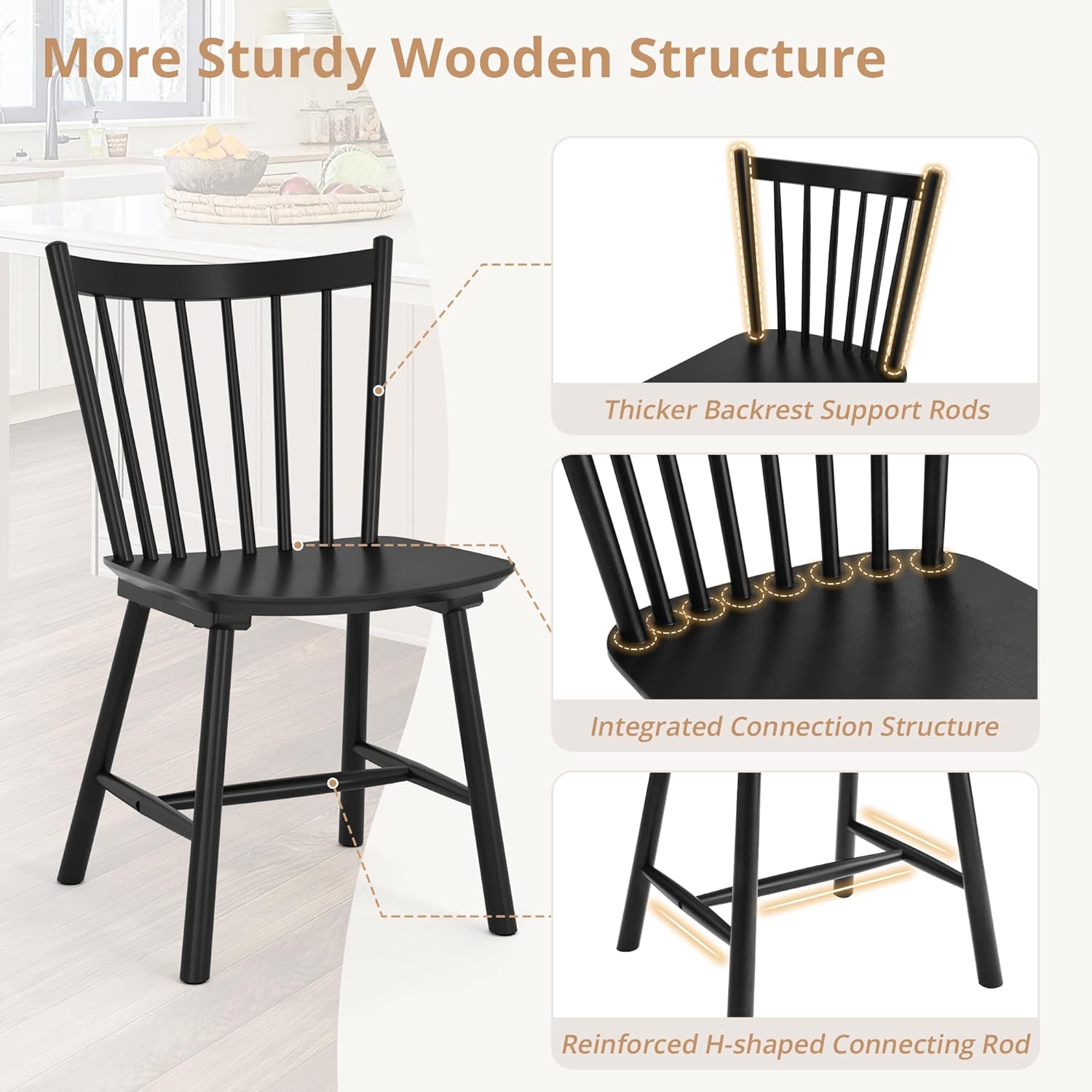 LUE BONA Upgraded Dining Chairs Set of 4, Farmhouse Wooden Spindle Back Kitchen Chairs, Windsor Dining Chairs for Kitchen and Dining Room, Black